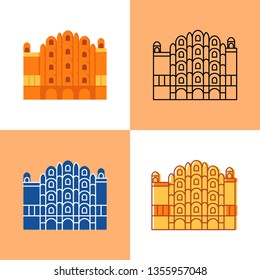 Hawa Mahal icon set in flat and line styles