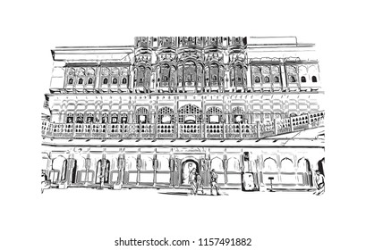 Hawa Mahal is a palace in Jaipur, India. It is constructed of red and pink sandstone. The palace sits on the edge of the City Palace, Jaipur. Hand drawn sketch illustration in vector.