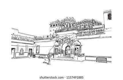 Hawa Mahal is a palace in Jaipur, India. It is constructed of red and pink sandstone. The palace sits on the edge of the City Palace, Jaipur. Hand drawn sketch illustration in vector.