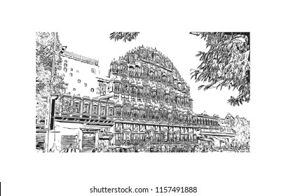 Hawa Mahal is a palace in Jaipur, India. It is constructed of red and pink sandstone. The palace sits on the edge of the City Palace, Jaipur. Hand drawn sketch illustration in vector.