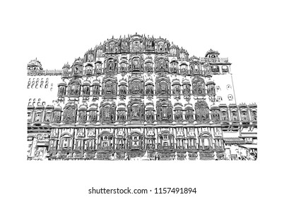 Hawa Mahal is a palace in Jaipur, India. It is constructed of red and pink sandstone. The palace sits on the edge of the City Palace, Jaipur. Hand drawn sketch illustration in vector.