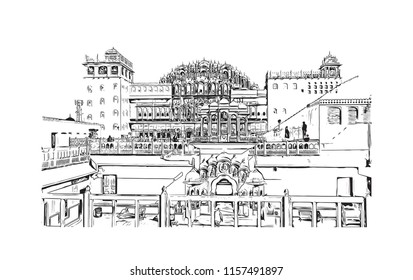 Hawa Mahal is a palace in Jaipur, India. It is constructed of red and pink sandstone. The palace sits on the edge of the City Palace, Jaipur. Hand drawn sketch illustration in vector.