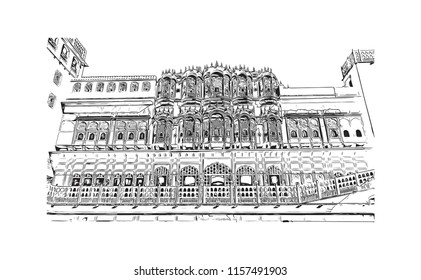 Hawa Mahal is a palace in Jaipur, India. It is constructed of red and pink sandstone. The palace sits on the edge of the City Palace, Jaipur. Hand drawn sketch illustration in vector.