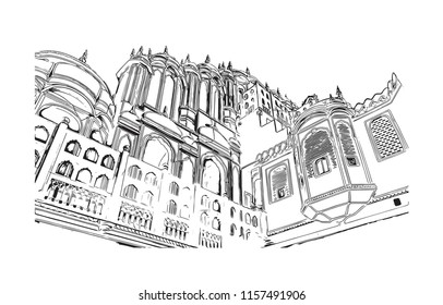 Hawa Mahal is a palace in Jaipur, India. It is constructed of red and pink sandstone. The palace sits on the edge of the City Palace, Jaipur. Hand drawn sketch illustration in vector.