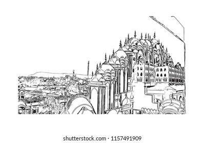 Hawa Mahal is a palace in Jaipur, India. It is constructed of red and pink sandstone. The palace sits on the edge of the City Palace, Jaipur. Hand drawn sketch illustration in vector.