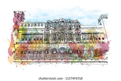 Hawa Mahal is a palace in Jaipur, India. It is constructed of red and pink sandstone.  Watercolor splash Hand drawn sketch illustration in vector.