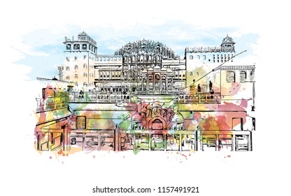 Hawa Mahal is a palace in Jaipur, India. It is constructed of red and pink sandstone.  Watercolor splash Hand drawn sketch illustration in vector.