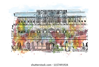 Hawa Mahal is a palace in Jaipur, India. It is constructed of red and pink sandstone.  Watercolor splash Hand drawn sketch illustration in vector.