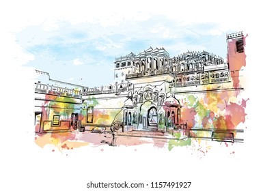 Hawa Mahal is a palace in Jaipur, India. It is constructed of red and pink sandstone.  Watercolor splash Hand drawn sketch illustration in vector.