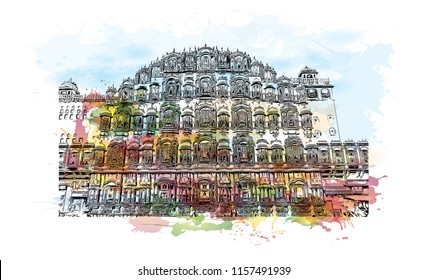 Hawa Mahal is a palace in Jaipur, India. It is constructed of red and pink sandstone.  Watercolor splash Hand drawn sketch illustration in vector.