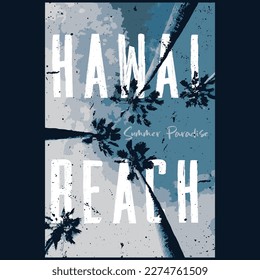 El paraíso de la playa Hawai verano surfista de palmeras para camisetas. Ilustración del paraíso hawaiano.