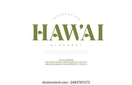 Letras y números de alfabeto elegantes y de lujo de Hawai. tipografía de boda Antiguas classic serif font decorativo vintage retro. Ilustración vectorial creativa