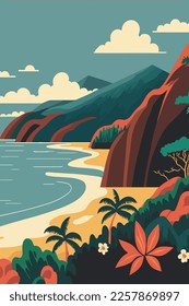 hawai Seascape with mountains and sea. Vector illustration in flat color cartoon style travel poster