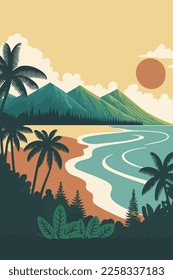 hawai Seascape with mountains and sea. Vector illustration in flat color cartoon style travel poster