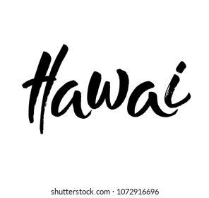 hawai, text design. Typography poster. Usable as background. Modern brush calligraphy. Ink hand lettering. Vector illustration.