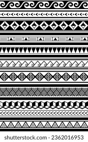 Patrón de vectores tribal hawaiano sin costuras de largo, textil o tejido impreso en blanco y negro inspirado en arte de tatuajes de Polinesia

Diseño repetitivo de estilo ornamento maorí, decoración de formas abstractas monocromáticas