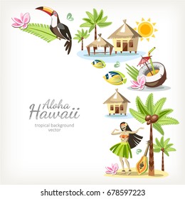 hawaii aloha background banner frame with border of traditional hawaiian objects summer travel card