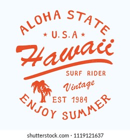 HAWAII ALOHA BEACH BADGE. Design fashion apparel on light background. T shirt graphic vintage vector illustration label logo template.
