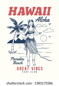 Hawaii, chica Aloha bailando en la playa. Gráficos vectoriales para impresiones en pantalones t y otros usos.