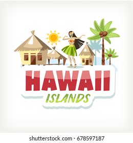hawaii aloha lettering sticker header with dancing girl palms bungalow word islands text