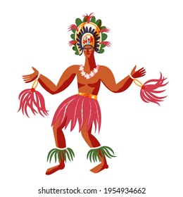 Hawaii aloha, man dancing in traditional clothing. Tropical summer activity elements. Hawaiian beach vintage travel poster vector illustration. Young guy dancer on white background.