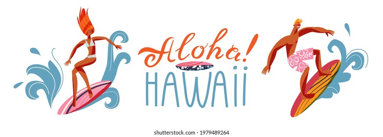 Hawaii aloha, man and woman surfing on boards. Tropical summer activity elements set with text invitation. Hawaiian beach vintage travel poster vector illustration. Girl and guy in water.