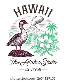 Havaí O Estado da Aloha - Estados Unidos Estado Cityscape T-shirt Vetor, Ícones americanos de referência, Vintage Estados Cityscape Camisa, Retro Travel City Art, Estados Landmark Quotes, Estado Vacation Illustration