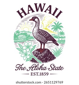 Hawaii The Aloha State - US State Vintage T-shirt Vector, USA States Cityscape Landmark Icons, American State Typography Shirt, USA Skyline Clipart, Retro travel city illustration
