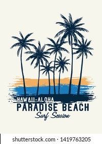 Hawaii Aloha theme palm trees with brush textures and texts. Vector illustrations for t-shirt prints, posters and other uses. 