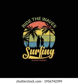 Hawaii Aloha theme palm trees with brush textures and texts. Vector illustrations for t-shirt prints.