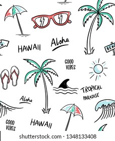 Hawaii, el tema Aloha ilustraciones nítidas de patrones vectoriales. Palmeras, tiburón, gafas de sol, sol, paraguas, chanclas.