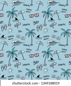 Hawaii, el tema Aloha ilustraciones nítidas de patrones vectoriales. Palmeras, tiburón, gafas de sol, sol, paraguas, chanclas.