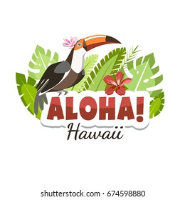 hawaii aloha toucan message header with tropical leaves and bird