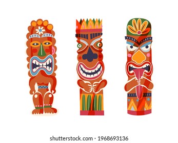 Hawaii aloha traditional totem figures set. Tropical summer elements of culture. Hawaiian vintage travel poster vector illustration. Wooden statues with faces on white background.