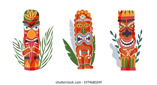 Hawaii aloha traditional totem figures set. Tropical summer elements of culture. Hawaiian vintage travel poster vector illustration. Wooden statues with faces on white background.