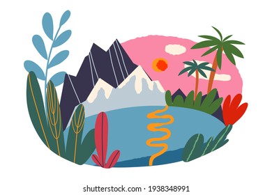 Hawaii aloha tropical summer background in sunset. Hawaiian vintage travel poster vector illustration. Scene with mountains, lake, trees, plants, sun, clouds on white background.