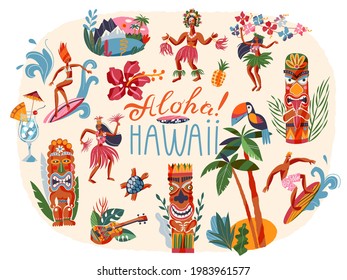 Hawaii aloha tropical summer elements set. Hawaiian party and beach vintage travel poster vector illustration. Girl dancers, man surfing, fruit, bird, tree, wooden totem figures.
