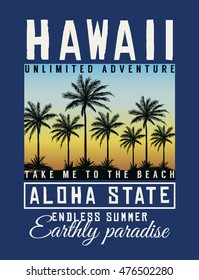 Hawaii Aloha typography with palms tree illustration for t-shirt print , vector illustration.