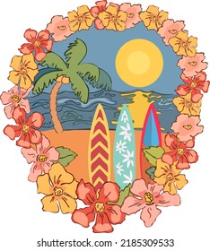 Hawaii, Aloha vector art illustration for t-shirt prints and other uses. Vintage style design with tropical flowers, palms, ocean waves and surf boards.