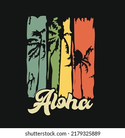 Hawaii, Aloha-Vektorgrafik für T-Shirt-Drucke und andere Verwendungszwecke. Vintage-Design mit tropischem Sonnenuntergang, Palmen und Surfbrett.