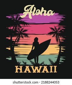 Hawaii, Aloha vector illustration for t-shirt prints and other uses. Vintage style design with tropical sunset, palms, and surf board.