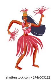 Hawaii aloha, woman dancing in traditional clothing. Tropical summer activity elements. Hawaiian beach vintage travel poster vector illustration. Young girl dancer on white background.