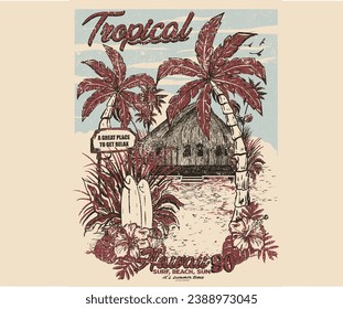 Obra de arte de Hawái. Tipografía de surf en paraíso tropical para camisetas. Las vibraciones veraniegas son un gran empate en la playa. Complejo de playa paradisíaca. Disfrute de unas vacaciones en el paraíso de ensueño diseño de camisetas del complejo. Ilustración de verano interminable.