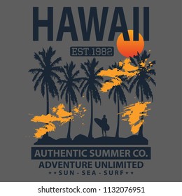 Hawaii authentic summer, adventure unlimited, surf typography, t-shirt graphics, vectors