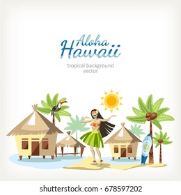 hawaii background panorama with dancing girl hula palms and houses on water bungalow sand ocean sea