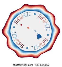 Hawaii badge. Map of the US state with beautiful geometric waves and a vibrant red and blue frame. Vivid round Hawaii logo. Vector illustration.
