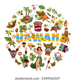 Hawaii banner with symbols of American State Hawaii. Illustration for trip, vacation, travel company.