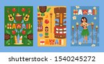 Hawaii banner, vector illustration. Beach party invitation, flat style cards with symbols of Hawaiian culture. Dancing woman, totem mask, guitar and surfing boards. Summer vacation leisure