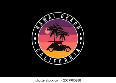 Hawaii beach california, silhouette retro vintage style