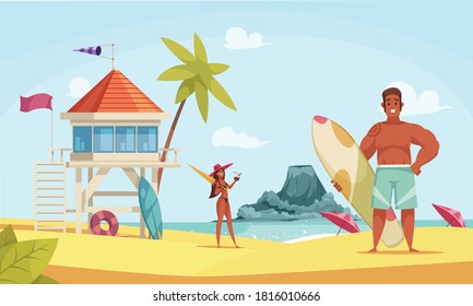 Hawaii beach composition with bungalow and couple of tourists on the beach vector illustration